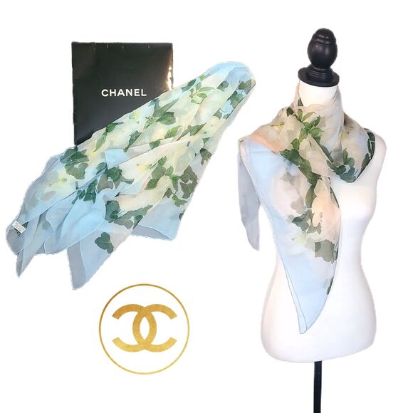 CHANEL Accessories - Chanel [AUTHENTIC] Soft Blue & Pink Floral Blooms 36" Silk Scarf w/ Box, EUC